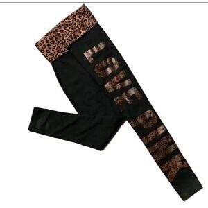 Victorias Secret PINK Leggings M Black Foldover Waistband Leopard Print Y2K EUC